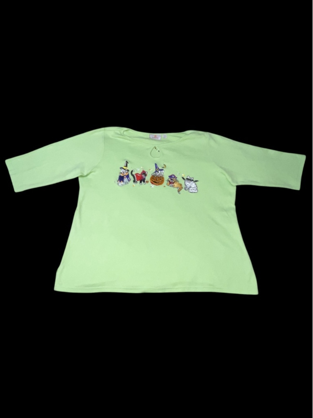 Quacker Factory Halloween Shirt Embroidered Kitty Cats Lime Green Womens Size 1X